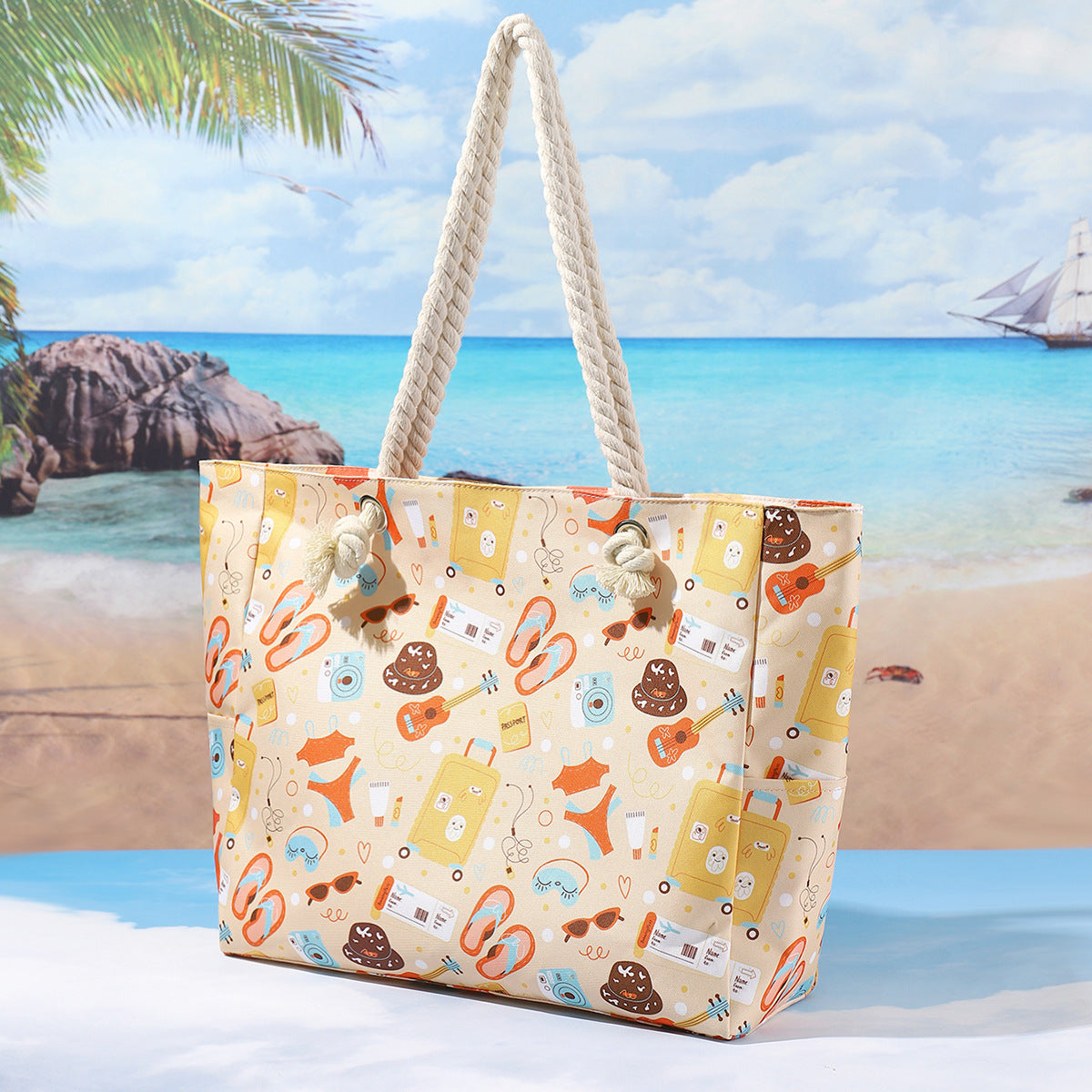 Printed beach bag, large capacity casual shoulder tote bag, simple fashion summer travel tote bag lightweight