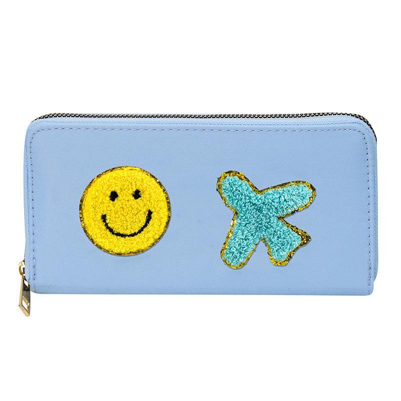 Women's alphabet embroidered wallet, long coin purse, nylon zipper ticket holder, multi-function card bag