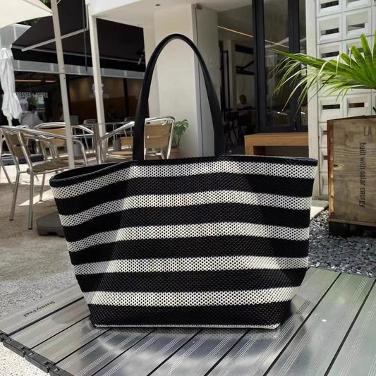 Chic Black and White Striped Tote Bag – Woven Large-Capacity Shoulder Bag for Women, Perfect Light Vacation & Shopping Tote Bag