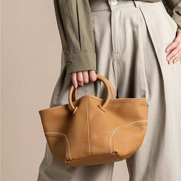 Commuter vegetable basket tote bag, portable shoulder bag, soft pu bucket bag, versatile top handle bag for women