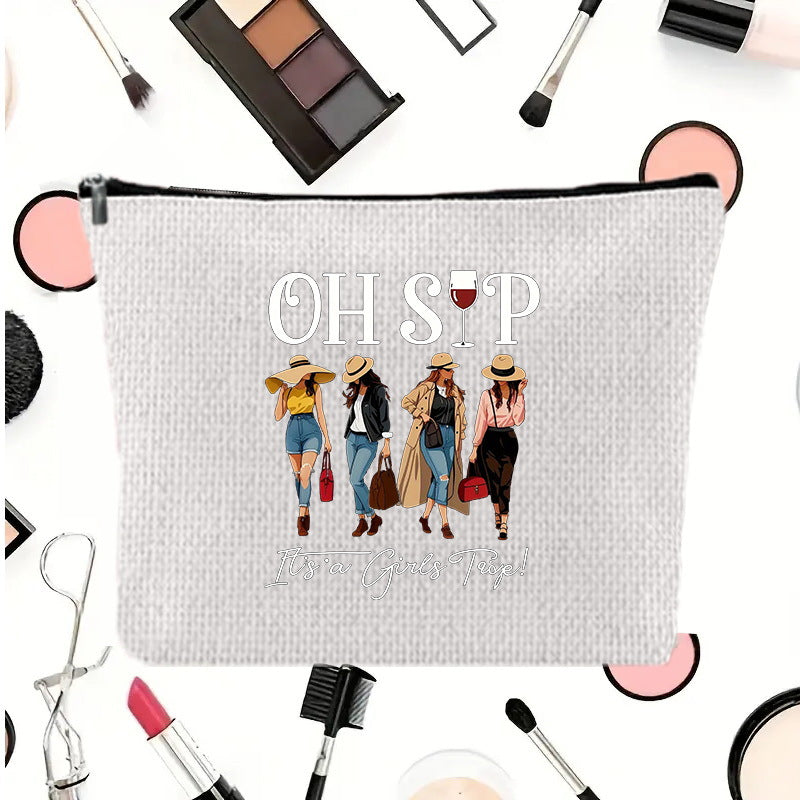 Linen printed cosmetic bag, cosmetic lipstick storage bag, small simple zipper clutch bag,