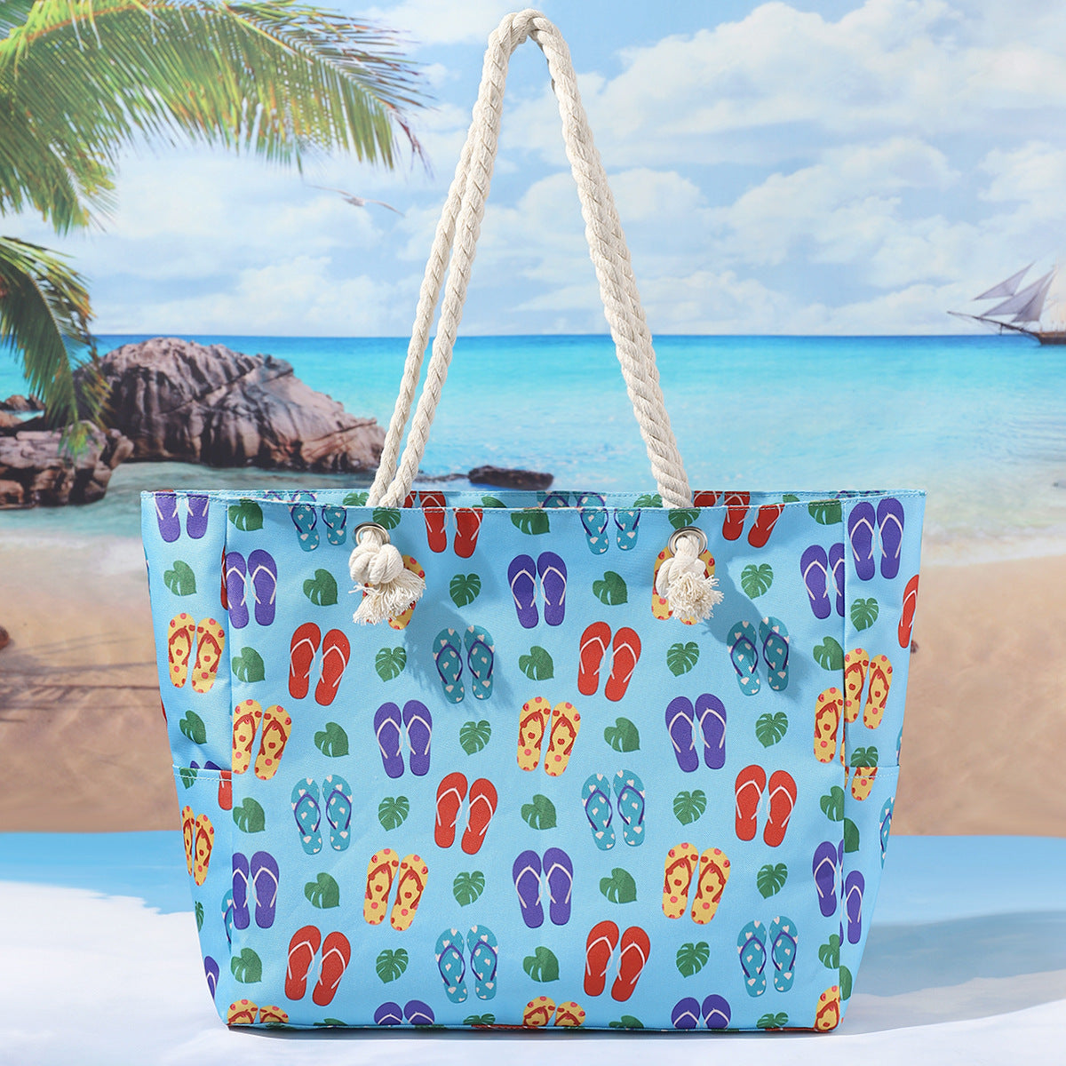 Printed beach bag, large capacity casual shoulder tote bag, simple fashion summer travel tote bag lightweight