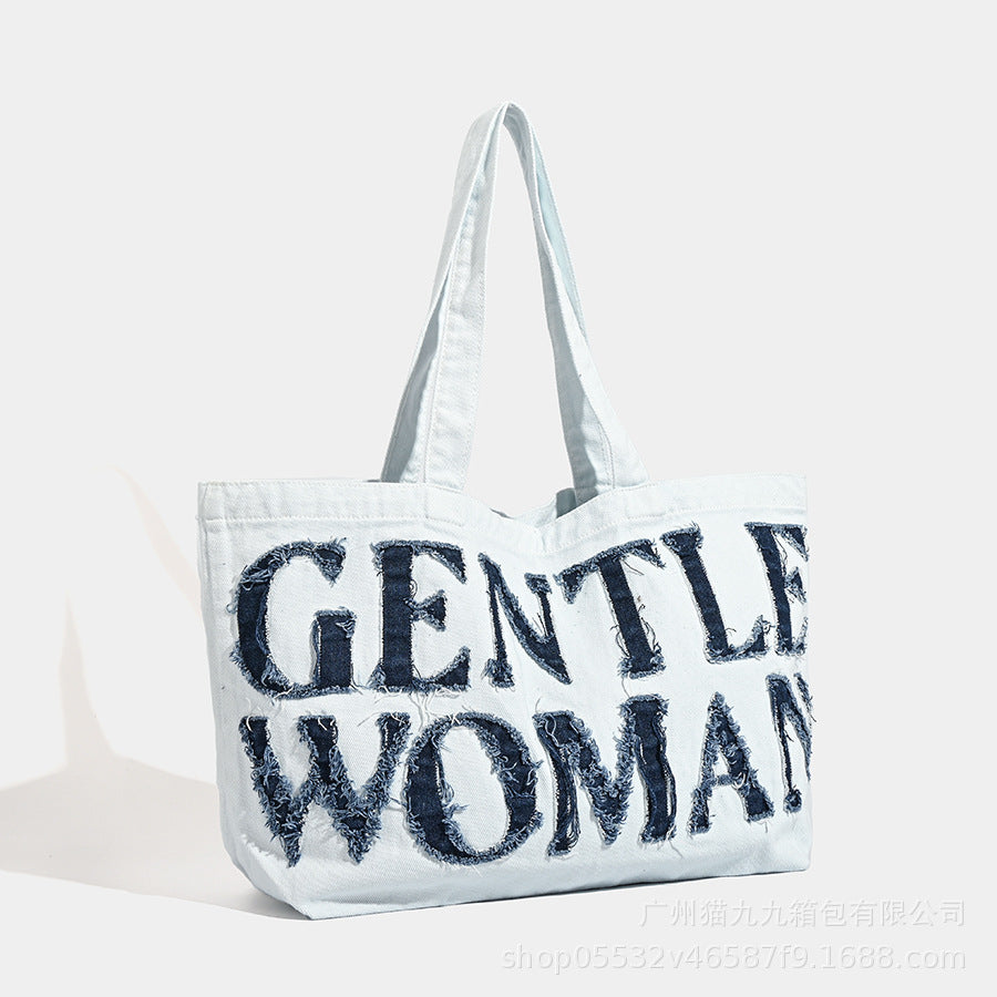 Large capacity shoulder canvas bag, retro denim tote bag big, handheld letter sticker cloth bag, tote bag large