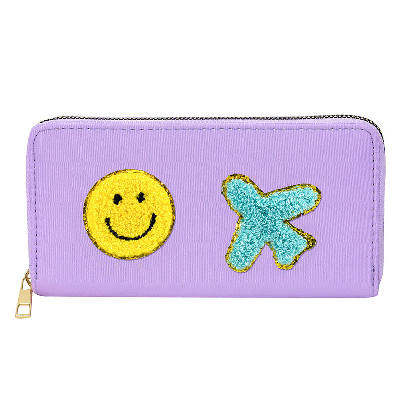 Women's alphabet embroidered wallet, long coin purse, nylon zipper ticket holder, multi-function card bag