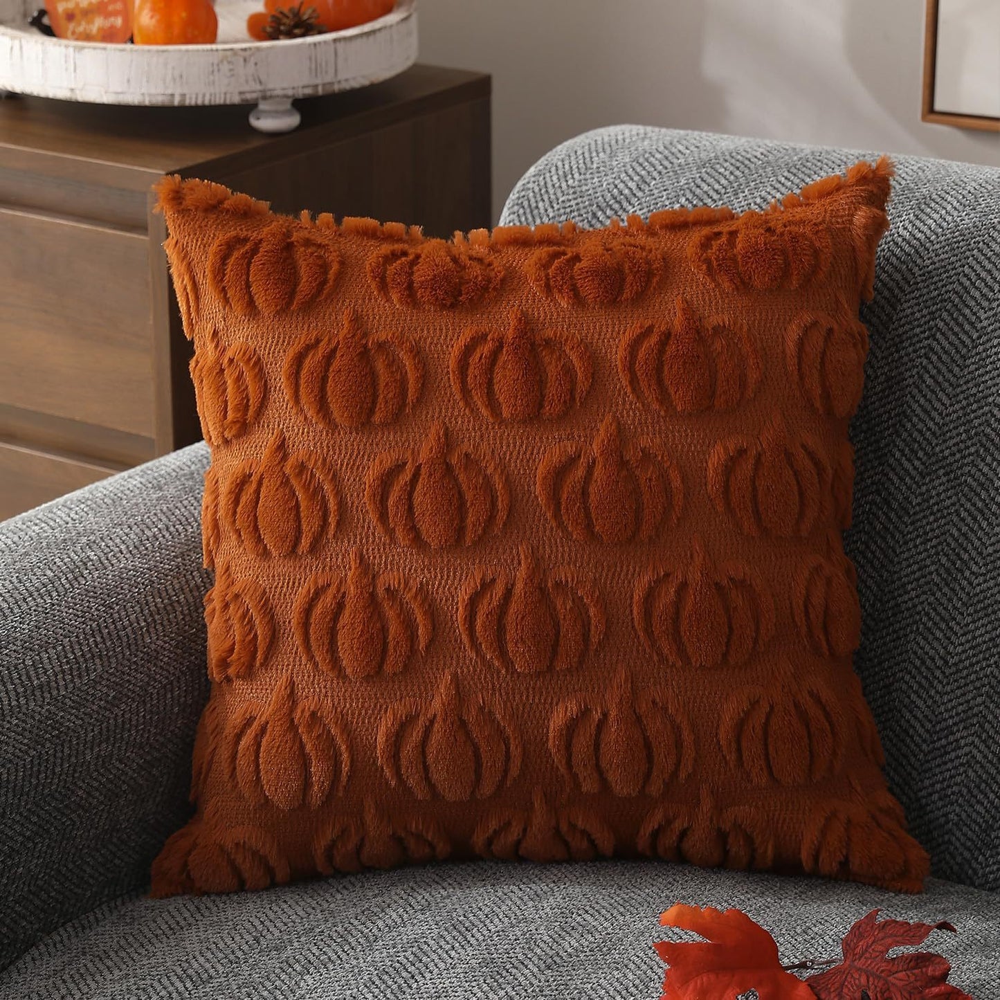 Pumpkin Fall Decorative Throw Pillow Covers 18"x18", Set of 2 Rust Red Soft Faux Fur Pillow Covers for Autumn Harvest, Fluffy Plush Accent Pillow Cases for Farmhouse Couch Cushion Covers Halloween