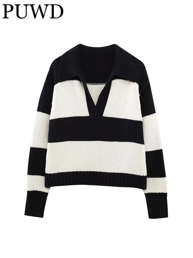 Women Fashion Black Striped Knit Sweater 2025 Spring Vintage Polo Neck Long Sleeve Female Pullovers Chic Tops