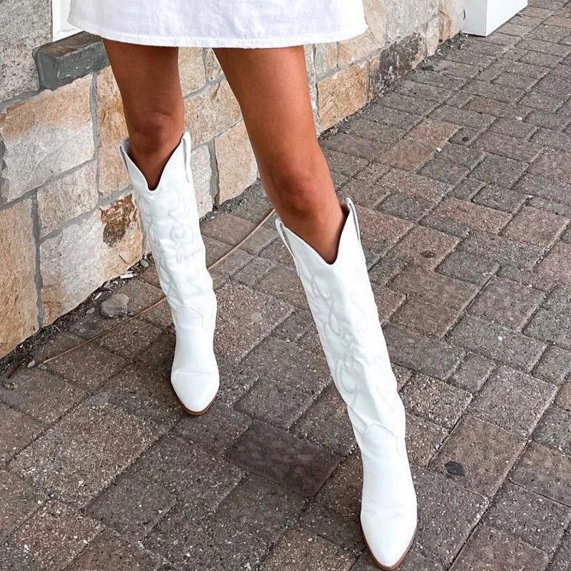 Plus Size 45 Women's Embroidered Western Knee High Boots Cowboy Cowgirl Boots Chunky Heel Platform Boots Women Western Shoes