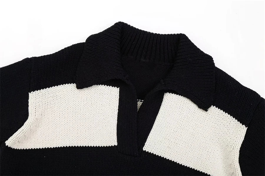 Women Fashion Black Striped Knit Sweater 2025 Spring Vintage Polo Neck Long Sleeve Female Pullovers Chic Tops