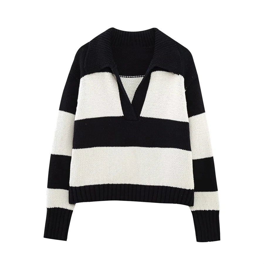 Women Fashion Black Striped Knit Sweater 2025 Spring Vintage Polo Neck Long Sleeve Female Pullovers Chic Tops