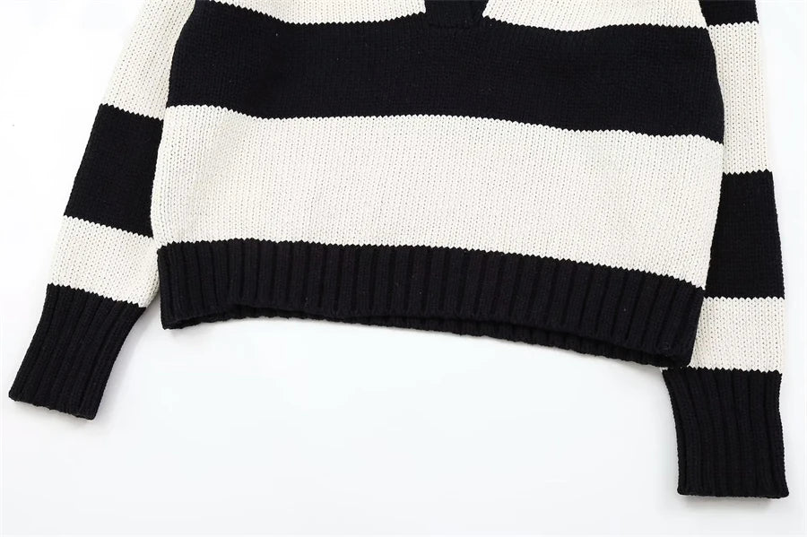 Women Fashion Black Striped Knit Sweater 2025 Spring Vintage Polo Neck Long Sleeve Female Pullovers Chic Tops