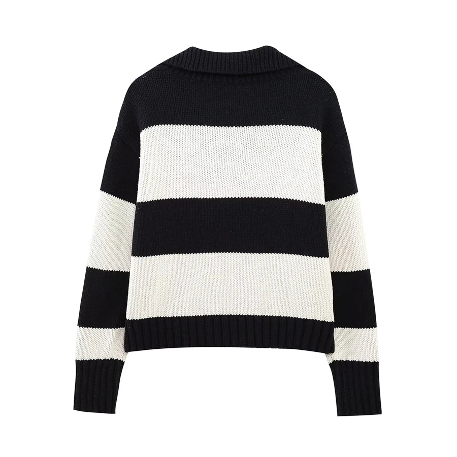 Women Fashion Black Striped Knit Sweater 2025 Spring Vintage Polo Neck Long Sleeve Female Pullovers Chic Tops