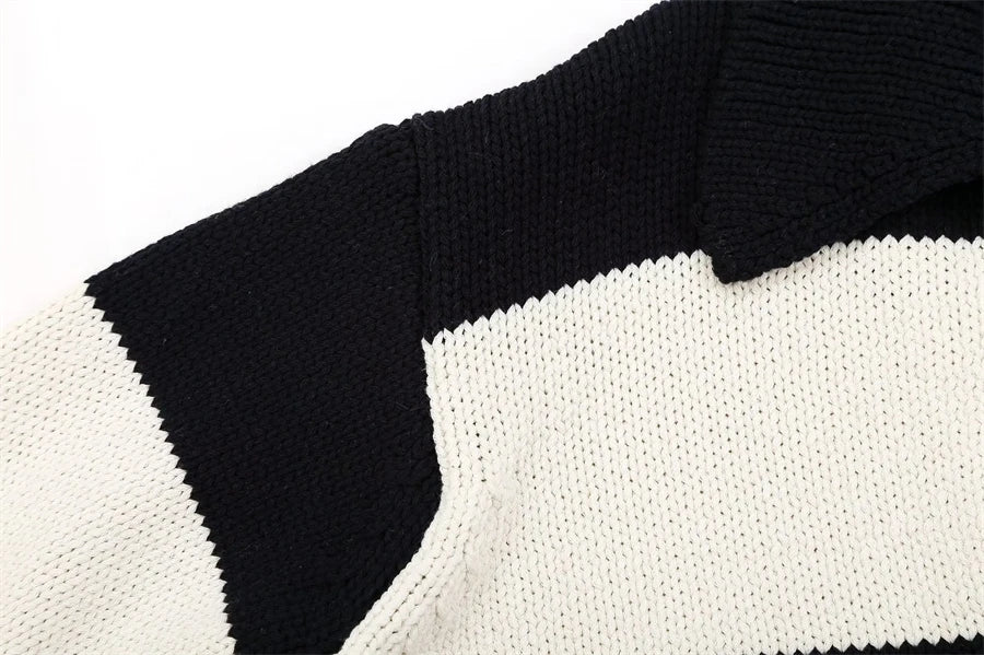 Women Fashion Black Striped Knit Sweater 2025 Spring Vintage Polo Neck Long Sleeve Female Pullovers Chic Tops