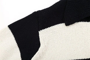 Women Fashion Black Striped Knit Sweater 2023 Spring Vintage Polo Neck Long Sleeve Female Pullovers Chic Tops