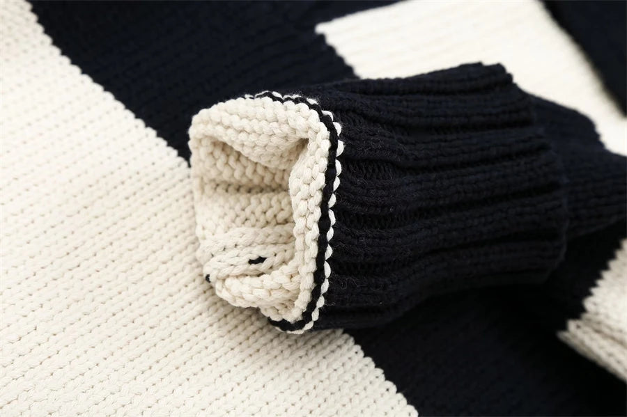 Women Fashion Black Striped Knit Sweater 2025 Spring Vintage Polo Neck Long Sleeve Female Pullovers Chic Tops