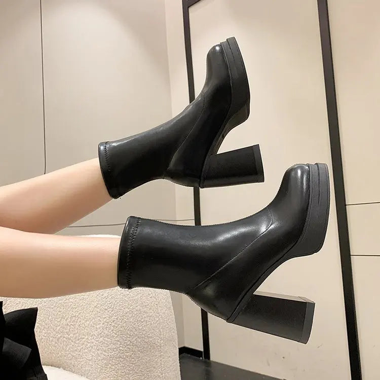 Winter Boots Lady Boots-Women Shoes Zipper Luxury Designer 2025 Rubber High Heel Ankle Fashion Rome Solid PU Basic Square Toe