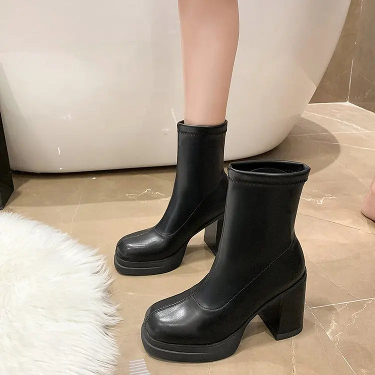 Winter Boots Lady Boots-Women Shoes Zipper Luxury Designer 2025 Rubber High Heel Ankle Fashion Rome Solid PU Basic Square Toe