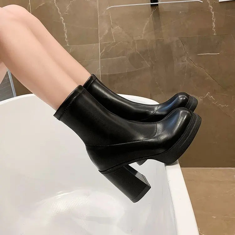 Winter Boots Lady Boots-Women Shoes Zipper Luxury Designer 2025 Rubber High Heel Ankle Fashion Rome Solid PU Basic Square Toe