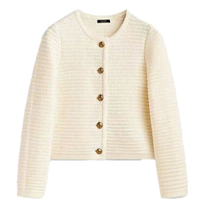 Women 2023 Autumn New Fashionable All-match Knitted Cardigan Retro Long Sleeve Chic Round Neck Button Casual Top Mujer