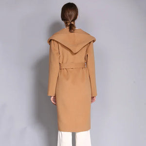 Women Coats Woolen Double-sided Cashmere Wool Coat Blends Long Autumn Winter Mid-length Large Lapel Buttonless Hood Lace Up Slim