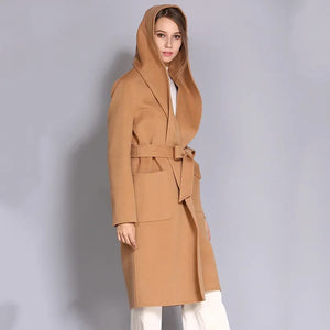 Women Coats Woolen Double-sided Cashmere Wool Coat Blends Long Autumn Winter Mid-length Large Lapel Buttonless Hood Lace Up Slim