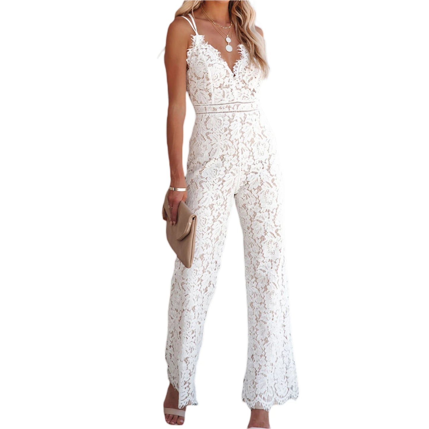 Women Elegant Jumpsuit Spaghetti Straps V Neck Solid Color Lace Open Back OnePiece Wide-leg Jumpsuits Long Playsuit