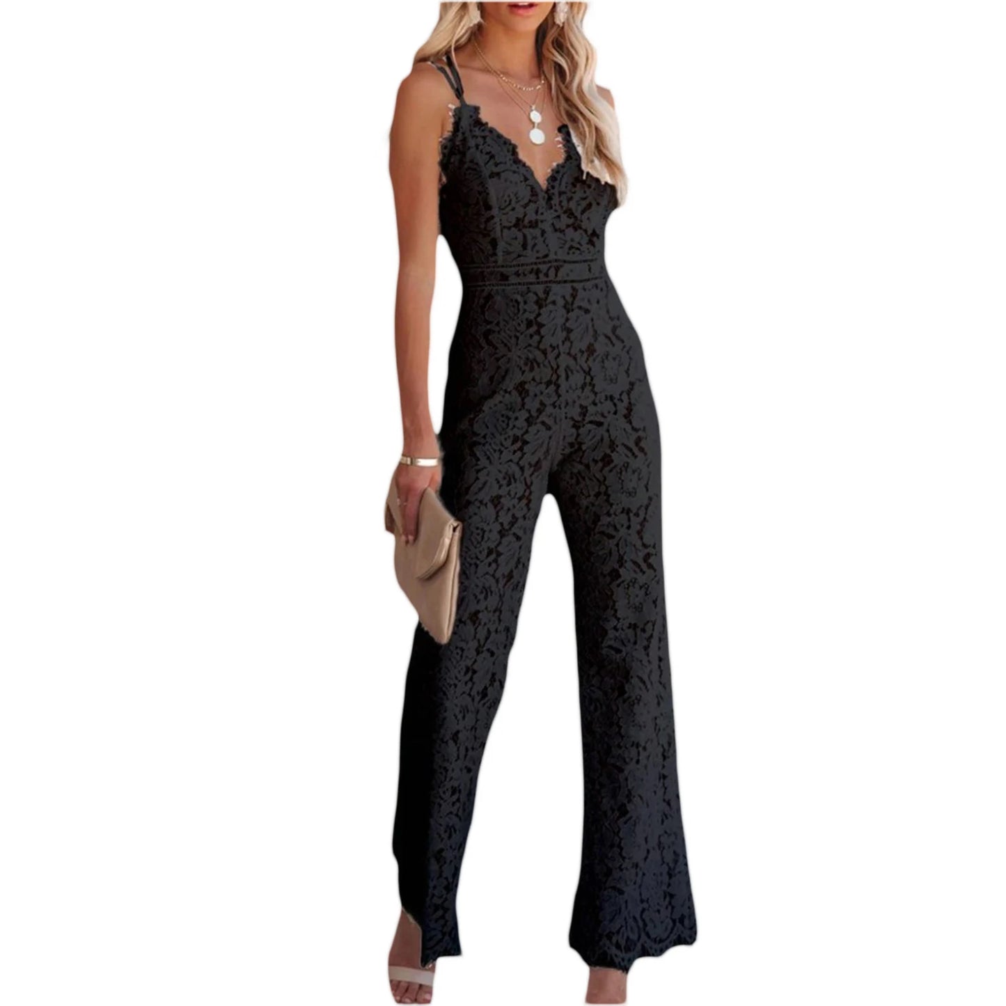 Women Elegant Jumpsuit Spaghetti Straps V Neck Solid Color Lace Open Back OnePiece Wide-leg Jumpsuits Long Playsuit