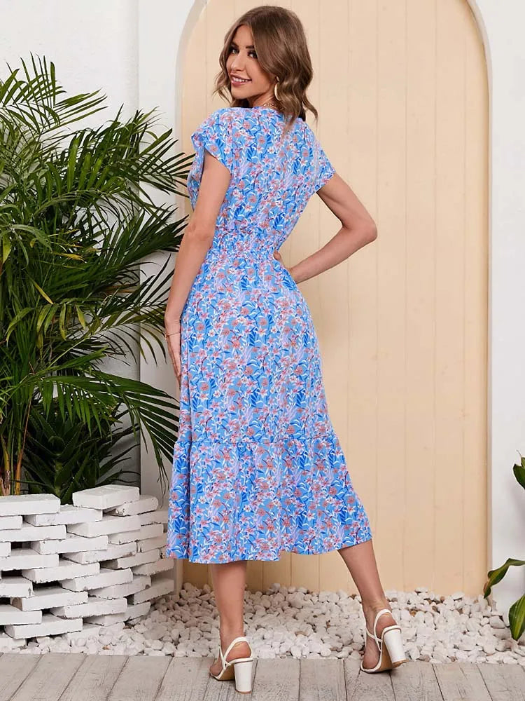 Women Summer Chiffon Floral Print Long Dress Short Sleeve Elegant V Neck Elastic Waist Holiday Beach Dress