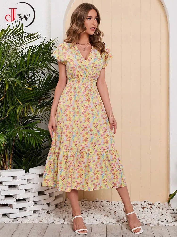 Women Summer Chiffon Floral Print Long Dress Short Sleeve Elegant V Neck Elastic Waist Holiday Beach Dress