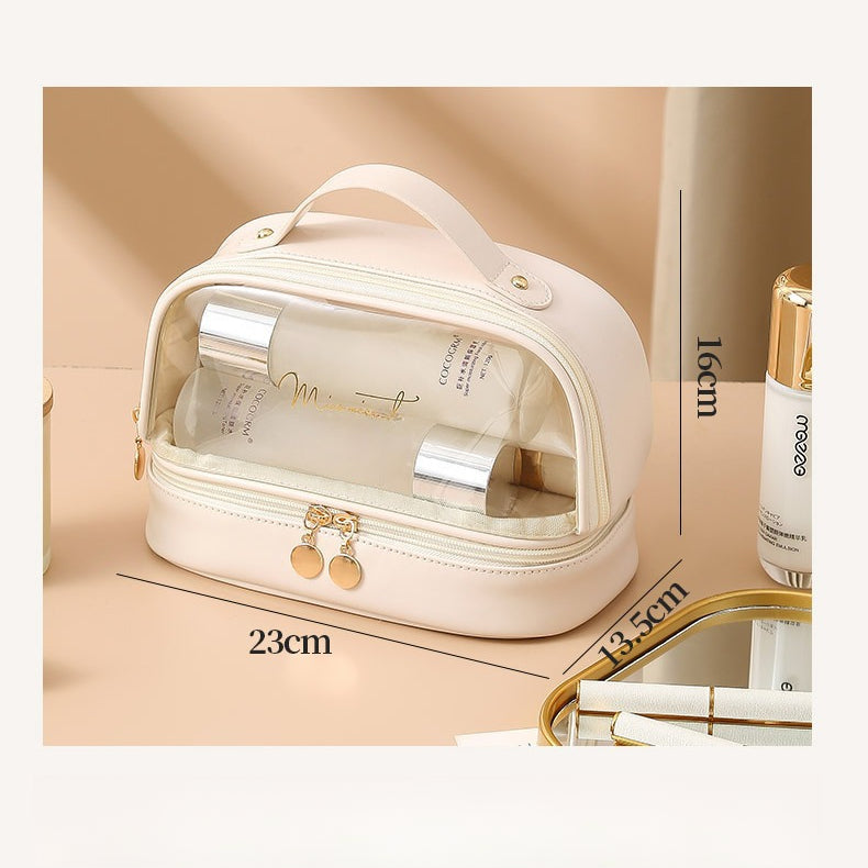 Transparent double layers cosmetic bag, travel large-capacity portable storage bag, PVC waterproof handbag cosmetic toilet bag, transparent makeup purse,Makeup bag with compartments,