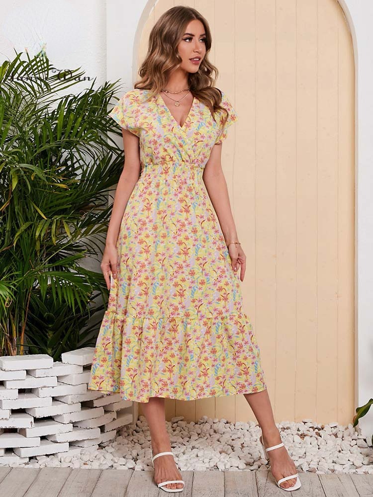 Women Summer Chiffon Floral Print Long Dress Short Sleeve Elegant V Neck Elastic Waist Holiday Beach Dress