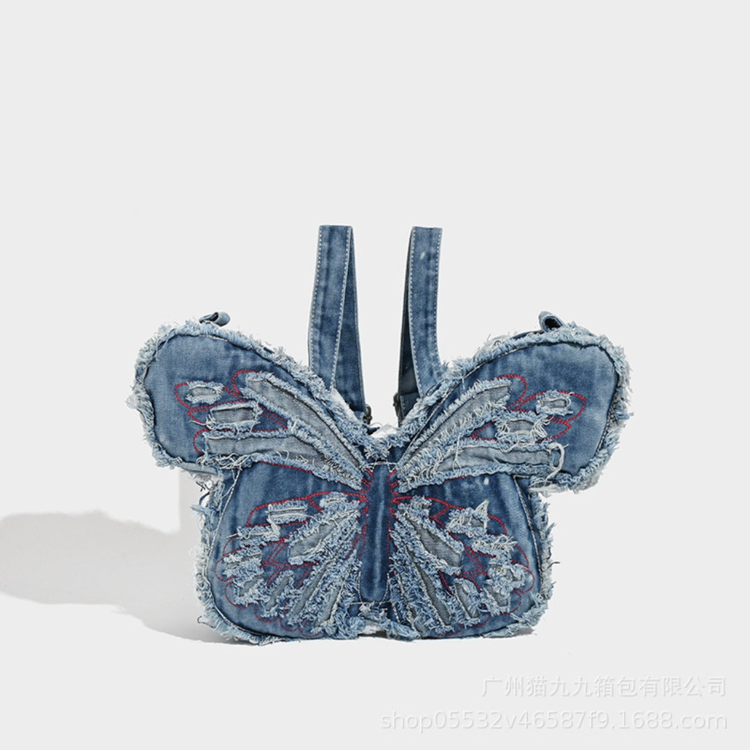 Design washed denim bag, butterfly shaped bag, punk denim bag, shoulder bag, backpack purse for women