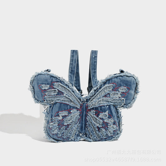 Design washed denim bag, butterfly shaped bag, punk denim bag, shoulder bag, backpack purse for women