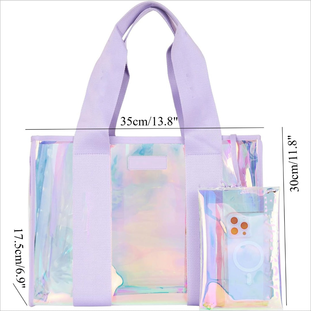 PVC ladies handbag, transparent beach bag for women, large capacity waterproof tote bag with small pouch