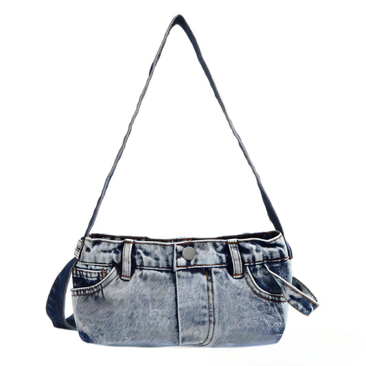 Small shoulder purse, denim armpit bag, women's retro summer shoulder bag, blue patchwork shoulder handbag