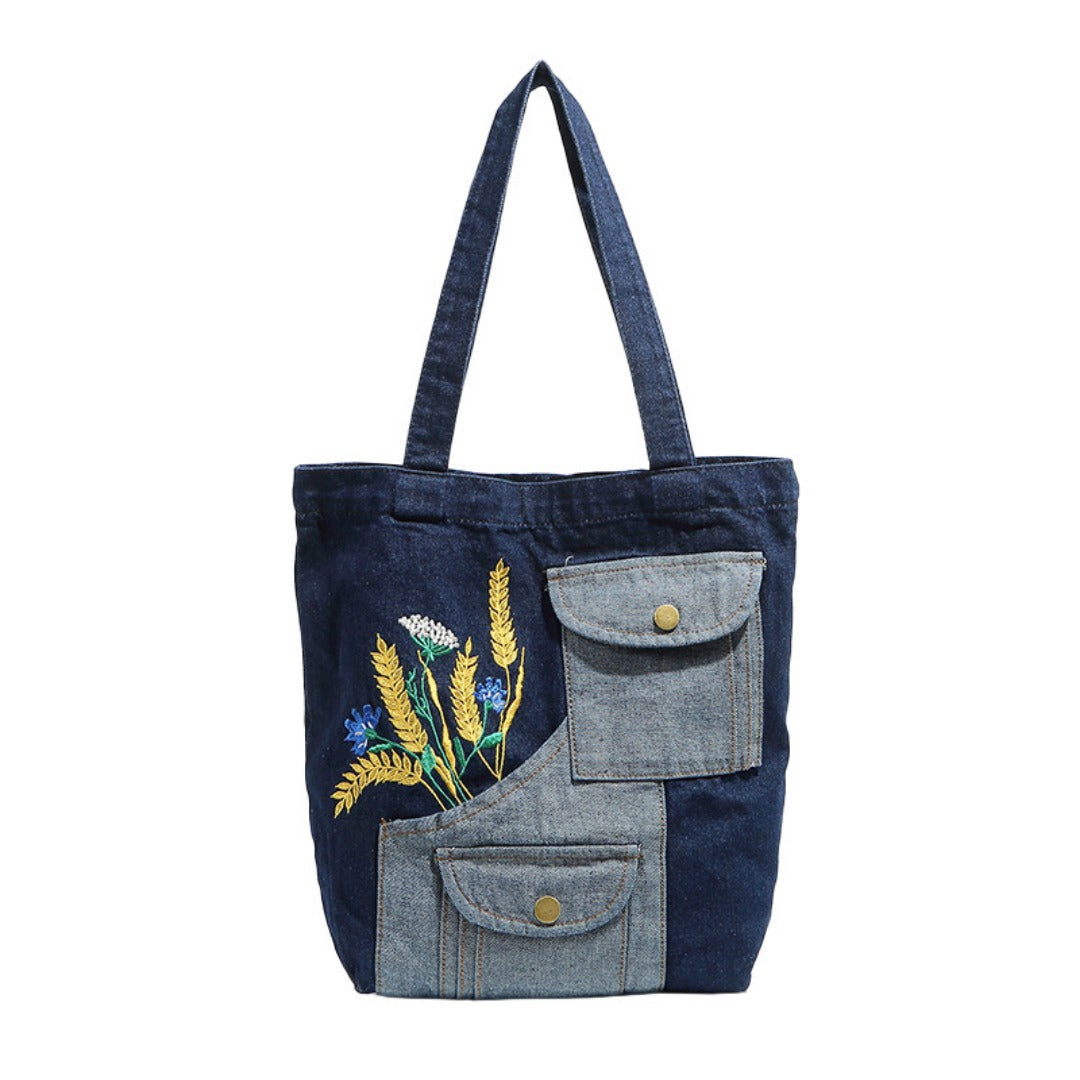 Shoulder denim bag, wheat ear embroidery splicing shoulder bag, vintage tote bag, fashion shopping bag