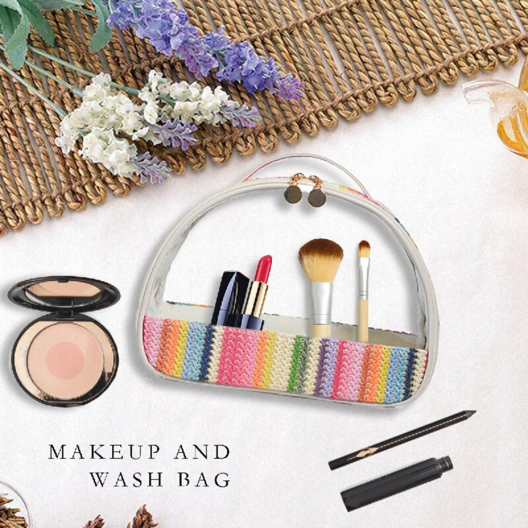 Straw transparent PVC semicircular cosmetic bag, waterproof woven toiletries bag, travel storage bag, makeup bags small,Transparent Cosmetic Bag,