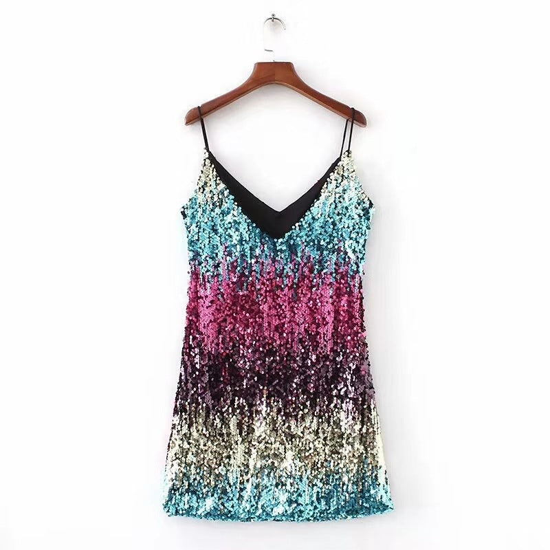 Womens Sparkly Sequin Sleeveless Dress Fashion Spaghetti Straps Dresses Nightclub Clubwear Cocktail Evening Party Costume