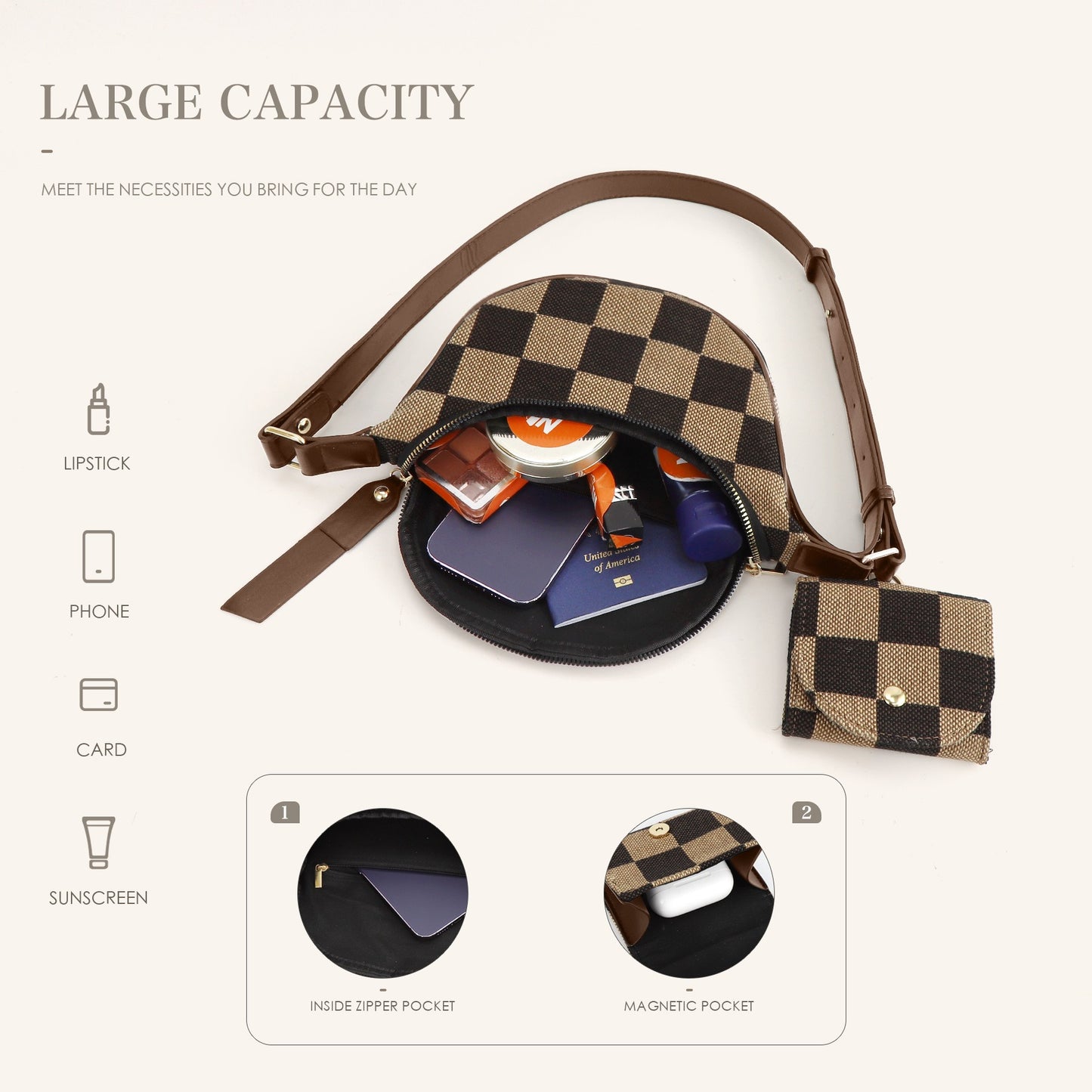 Small Crossbody Bag – Versatile Commute with Checkerboard Canvas, Compact Earphone Bag, Stylish 2-in-1 Chest Bag & Fanny Pack for Everyday Use