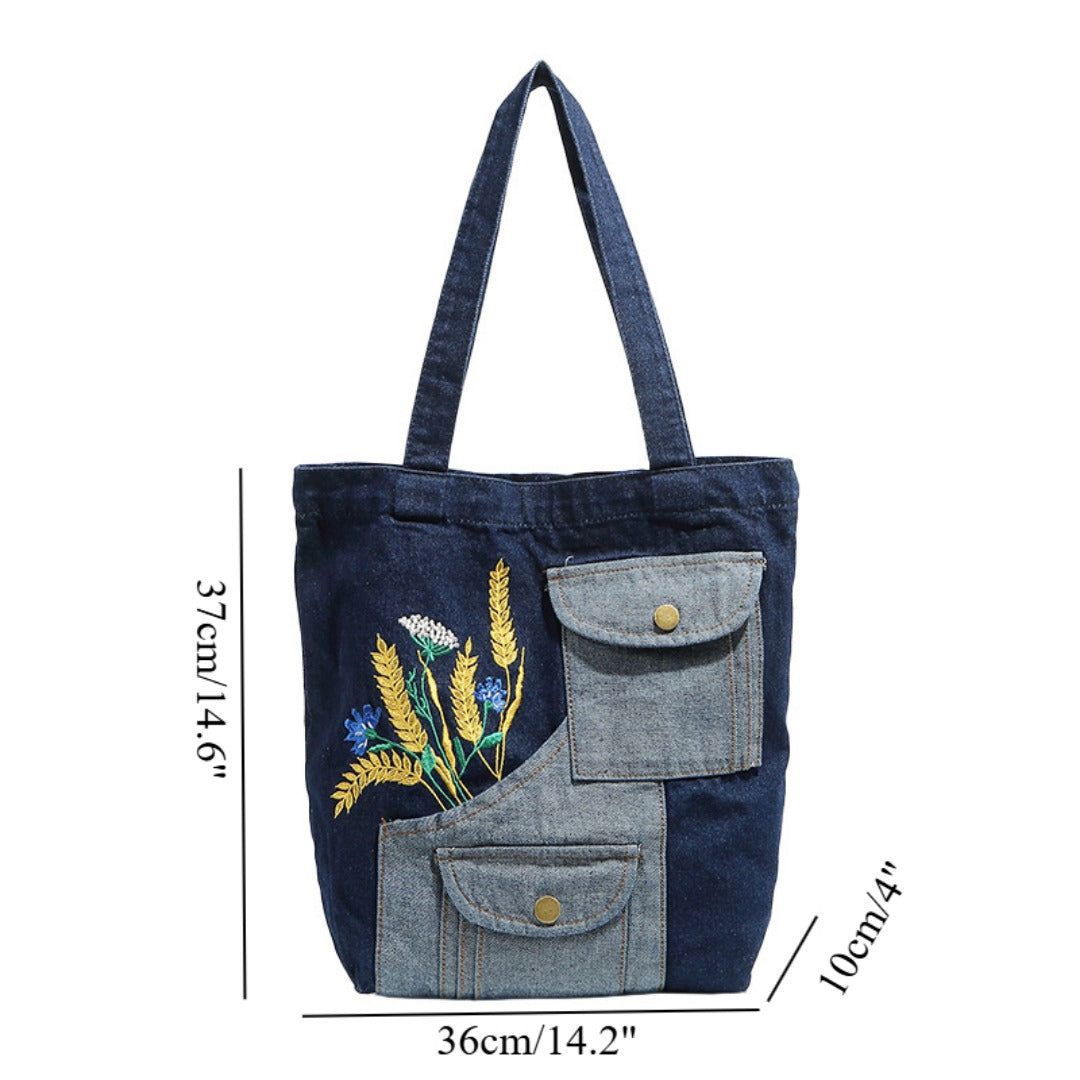 Shoulder denim bag, wheat ear embroidery splicing shoulder bag, vintage tote bag, fashion shopping bag