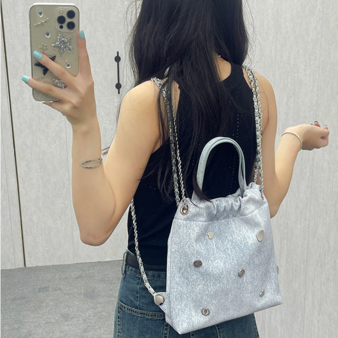 Denim blue chain backpack female, stylish and simple multi-functional portable shoulder bag, large capacity backpack with top handle