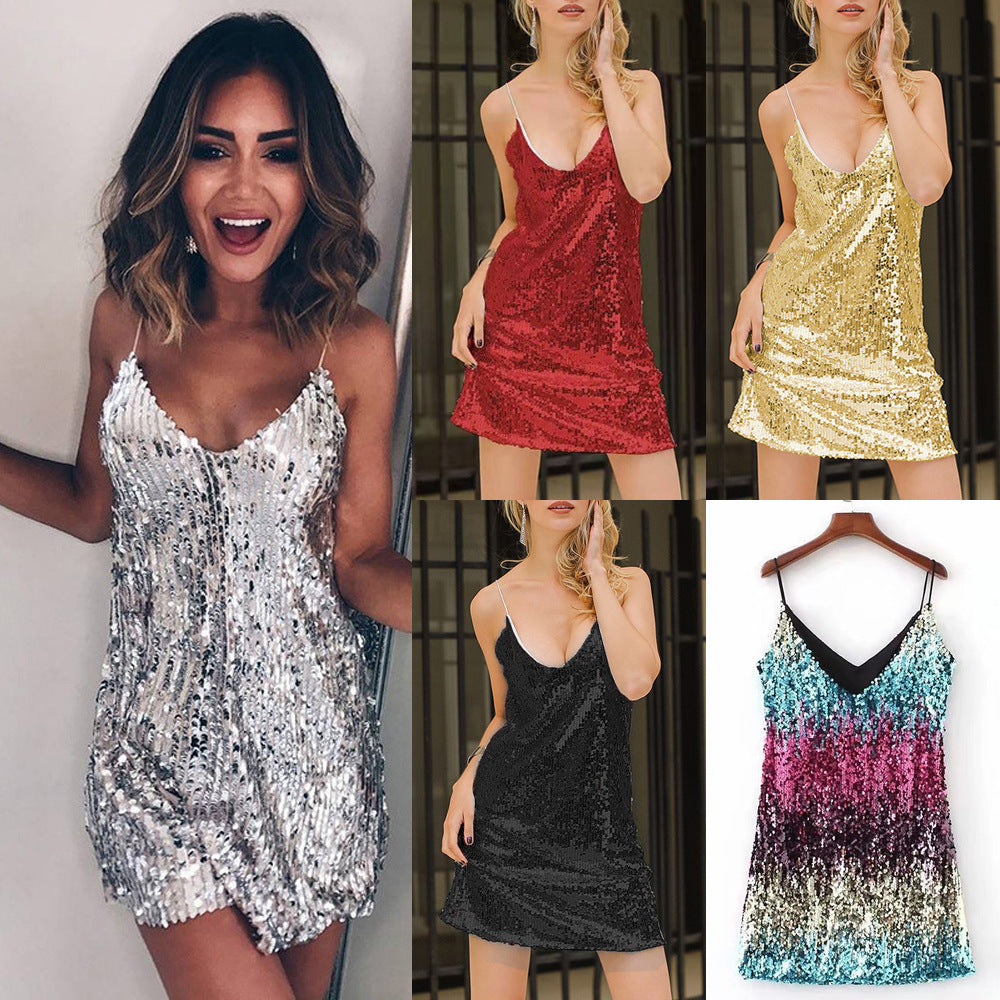 Womens Sparkly Sequin Sleeveless Dress Fashion Spaghetti Straps Dresses Nightclub Clubwear Cocktail Evening Party Costume