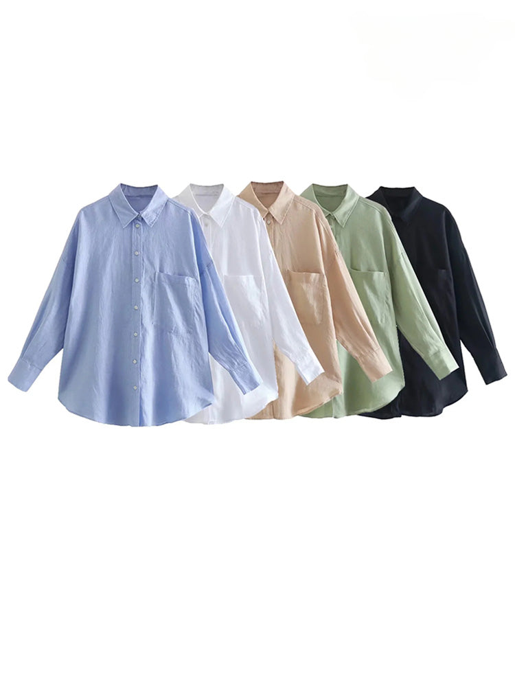 Women Fashion With Pocket Oversized Linen Shirts Vintage Long Sleeve Button-up Female Blouses Blusas Chic Tops