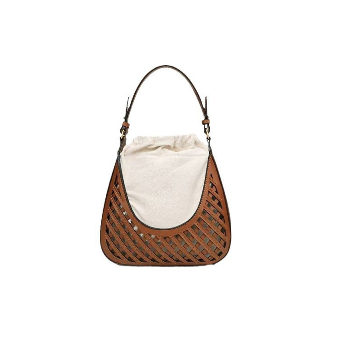 Elegant Brown Shoulder Bucket Bag - Stylish Vintage Knitted Tote & Practical Small Crossbody Bag