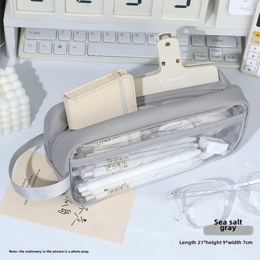 Transparent pencil case, portable tote storage bag, waterproof large-capacity stationery storage box.