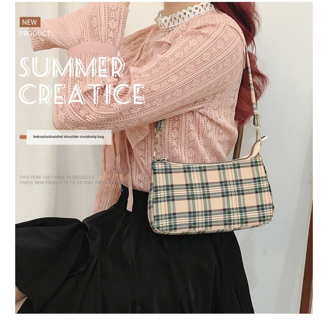 Summer simple orange plaid bag, crescent small baguette bag, shoulder armpit bag