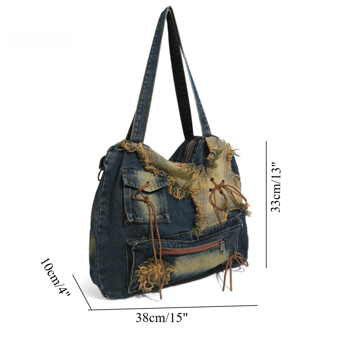 Large capacity hobo shoulder tote bag, Spice Girl bag women's old retro shoulder bag, washed denim bag, casual women's bag