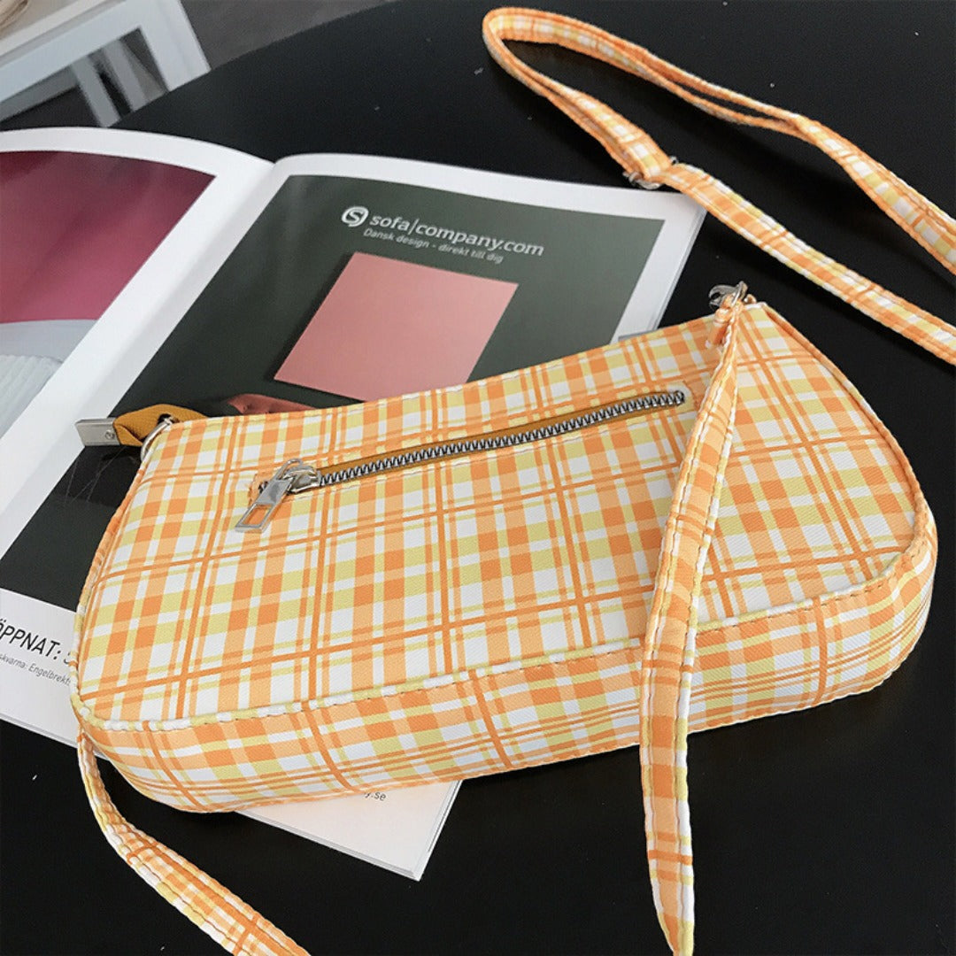 Summer simple orange plaid bag, crescent small baguette bag, shoulder armpit bag