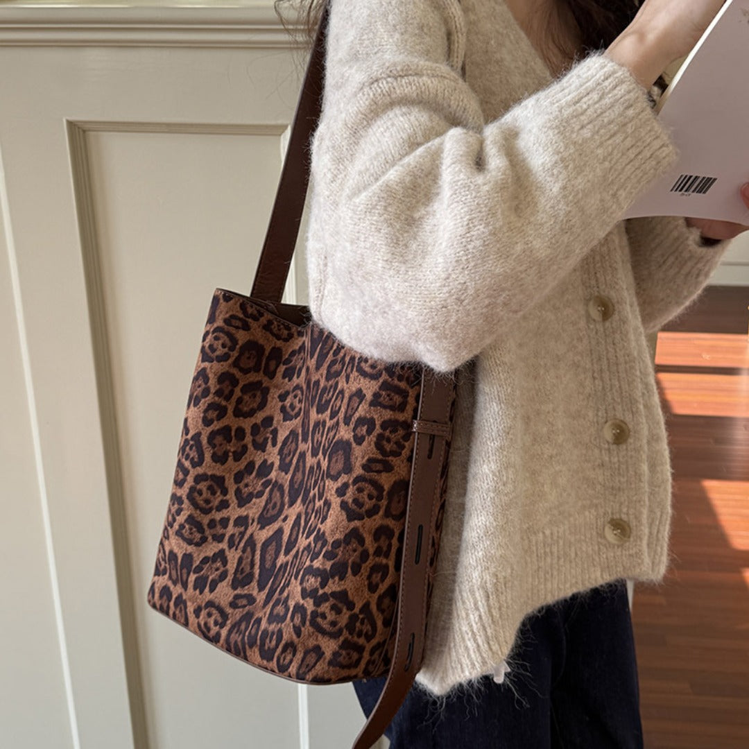 Suede vintage leopard print bucket bag, versatile shoulder crossbody women tote bag, hobo shoulder bag for women