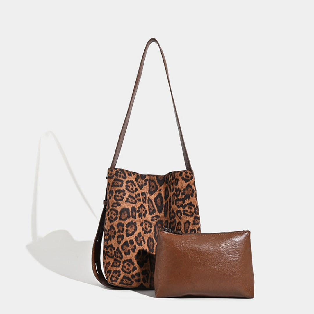 Suede vintage leopard print bucket bag, versatile shoulder crossbody women tote bag, hobo shoulder bag for women