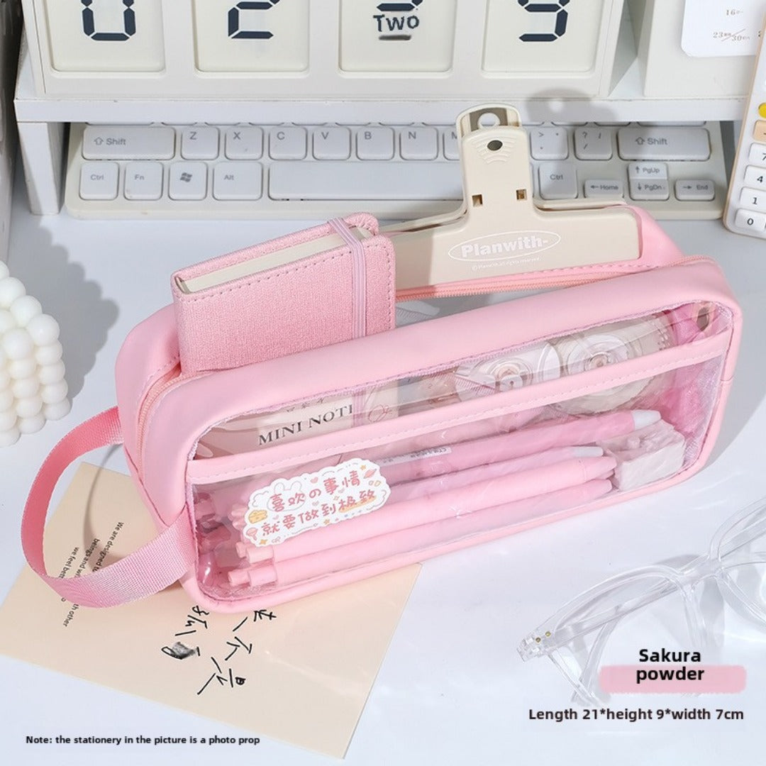 Transparent pencil case, portable tote storage bag, waterproof large-capacity stationery storage box.